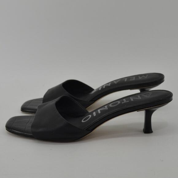 Antonio Melanie Wms Sz 9 Slip On Sandals Black Leather Kitten Heel - Picture 12 of 14